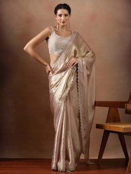 Lush Glam - Women Gold Silk Beads Work Lace Border Saree with Unstitched Blouse