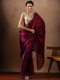 Lush Glam - Women Maroon Silk Beads Work Lace Border Saree with Unstitched Blouse