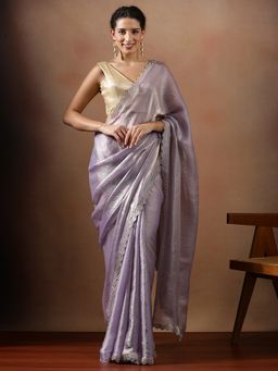 Lush Glam - Women Lavender Silk Beads Work Lace Border Saree with Unstitched Blouse