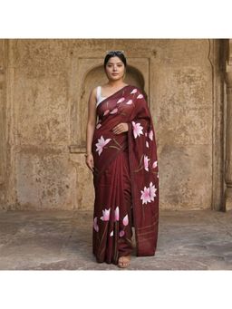 Anjaneya Sarees - Women Brown Designer Linen Silk Printed Saree with Unstitched Blouse