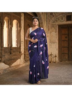 Anjaneya Sarees - Women Navy Blue Designer Linen Silk Printed Saree with Unstitched Blouse