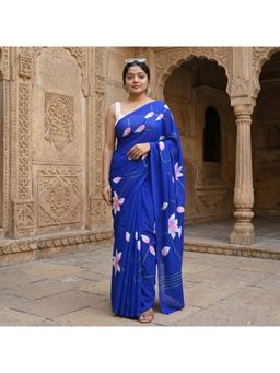 Anjaneya Sarees - Women Blue Designer Linen Silk Printed Saree with Unstitched Blouse