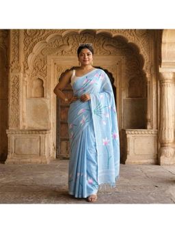 Anjaneya Sarees - Women Blue Designer Linen Silk Printed Saree with Unstitched Blouse