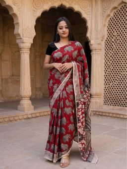 Anjaneya Sarees - Women Red Designer Linen Silk Printed Saree with Unstitched Blouse