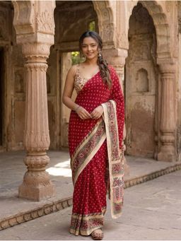 Anjaneya Sarees - Women Red Designer Linen Silk Printed Saree with Unstitched Blouse