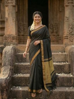Anjaneya Sarees - Women Black Designer Linen Silk Saree with Unstitched Blouse