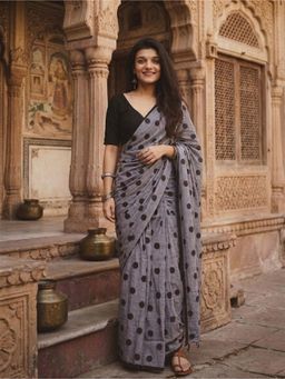 Anjaneya Sarees - Women Grey Designer Linen Silk Printed Saree with Unstitched Blouse