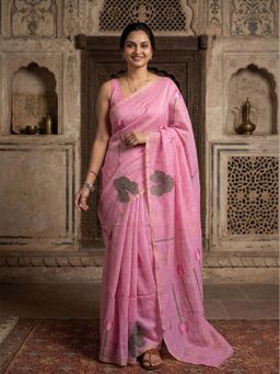 Anjaneya Sarees - Women Pink Designer Linen Silk Printed Saree with Unstitched Blouse