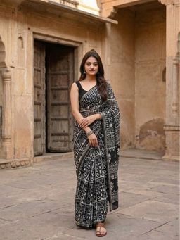 Anjaneya Sarees - Women Black Designer Linen Silk Printed Saree with Unstitched Blouse