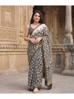 Anjaneya Sarees - Women Black Designer Linen Silk Printed Saree with Unstitched Blouse