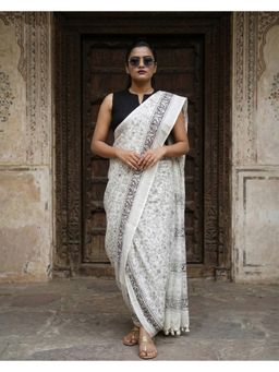 Anjaneya Sarees - Women White Designer Linen Silk Printed Saree with Unstitched Blouse