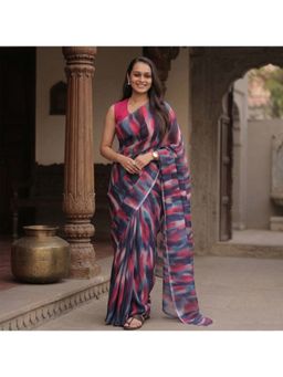 Anjaneya Sarees - Women Purple Designer Linen Silk Printed Saree with Unstitched Blouse