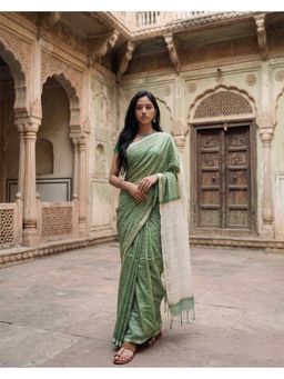 Anjaneya Sarees - Women Green Designer Linen Silk Printed Saree with Unstitched Blouse