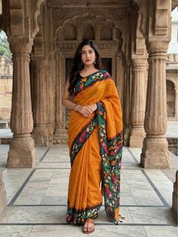 Anjaneya Sarees - Women Orange Designer Linen Silk Printed Saree with Unstitched Blouse