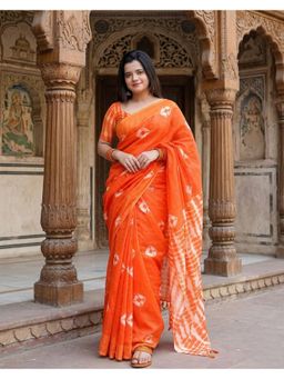 Anjaneya Sarees - Women Orange Designer Linen Silk Printed Saree with Unstitched Blouse