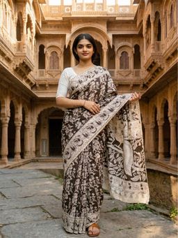 Anjaneya Sarees - Women Brown Designer Linen Silk Printed Saree with Unstitched Blouse