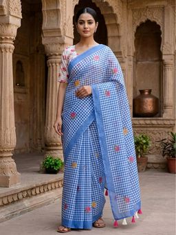 Anjaneya Sarees - Women Blue Designer Linen Silk Printed Saree with Unstitched Blouse