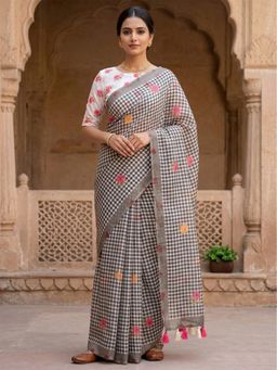 Anjaneya Sarees - Women Grey Designer Linen Silk Printed Saree with Unstitched Blouse