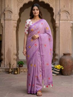 Anjaneya Sarees - Women Purple Designer Linen Silk Printed Saree with Unstitched Blouse
