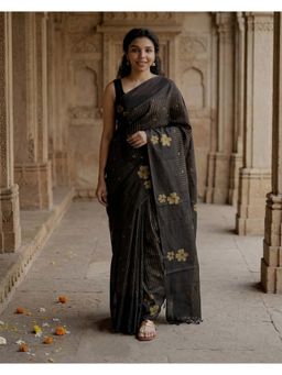 Anjaneya Sarees - Women Black Designer Linen Silk Printed Saree with Unstitched Blouse
