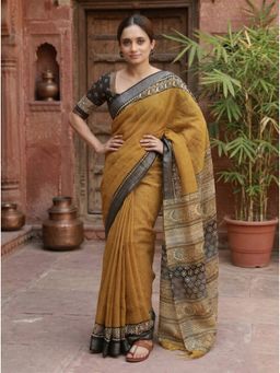 Anjaneya Sarees - Women Yellow Designer Linen Silk Printed Saree with Unstitched Blouse