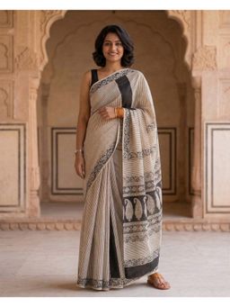 Anjaneya Sarees - Women Brown Designer Linen Silk Printed Saree with Unstitched Blouse