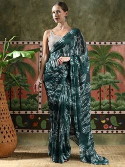 Lush Glam - Women Green Tie & Dye Georgette Ready To Wear Saree with Unstitched Blouse
