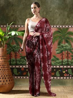 Lush Glam - Women Maroon Tie & Dye Georgette Ready To Wear Saree with Unstitched Blouse