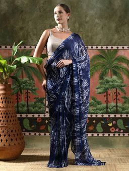 Lush Glam - Women Blue Tie & Dye Georgette Ready To Wear Saree with Unstitched Blouse