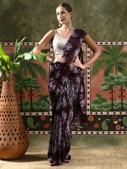 Lush Glam - Women Burgundy Tie & Dye Georgette Ready To Wear Saree with Unstitched Blouse