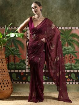 Lush Glam - Women Burgundy Foil Georgette Ready To Wear Saree with Unstitched Blouse