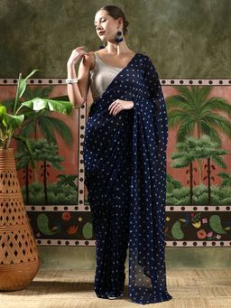 Lush Glam - Women Blue Leheriya Georgette Ready To Wear Saree with Unstitched Blouse