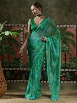 Lush Glam - Women Green Tie & Dye Georgette Ready To Wear Saree with Unstitched Blouse