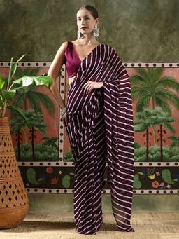 Lush Glam - Women Burgundy Leheriya Georgette Ready To Wear Saree with Unstitched Blouse