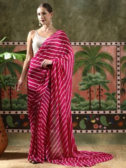 Lush Glam - Women Pink Leheriya Georgette Ready To Wear Saree with Unstitched Blouse
