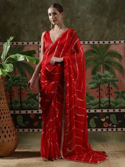Lush Glam - Women Red Embellished Leheriya Ready To Wear Saree with Unstitched Blouse