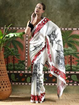 Lush Glam - Women White Beautiful Printed Chinon Ready To Wear Saree with Unstitched Blouse