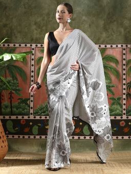 Lush Glam - Women White Beautiful Printed Chinon Ready To Wear Saree with Unstitched Blouse