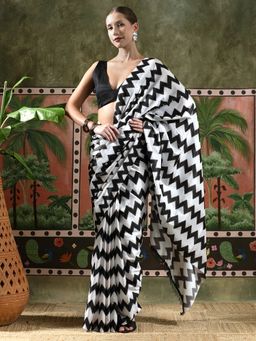 Lush Glam - Women White Beautiful Printed Chinon Ready To Wear Saree with Unstitched Blouse