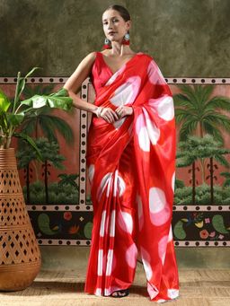 Lush Glam - Women Red Beautiful Printed Chinon Ready To Wear Saree with Unstitched Blouse