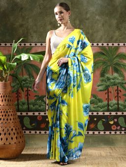 Lush Glam - Women Green Beautiful Printed Chinon Ready To Wear Saree with Unstitched Blouse