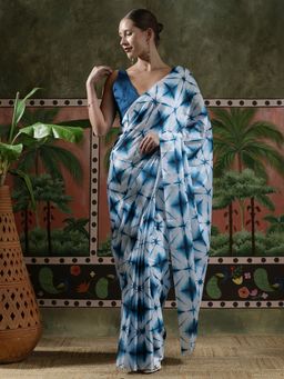 Lush Glam - Women White Beautiful Printed Chinon Ready To Wear Saree with Unstitched Blouse