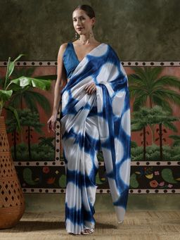 Lush Glam - Women White Beautiful Printed Chinon Ready To Wear Saree with Unstitched Blouse