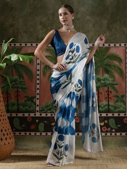 Lush Glam - Women White Beautiful Printed Chinon Ready To Wear Saree with Unstitched Blouse