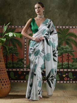 Lush Glam - Women White Beautiful Printed Chinon Ready To Wear Saree with Unstitched Blouse