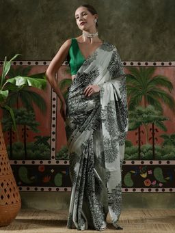 Lush Glam - Women Grey Beautiful Printed Chinon Ready To Wear Saree with Unstitched Blouse