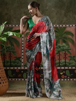 Lush Glam - Women Red Beautiful Printed Chinon Ready To Wear Saree with Unstitched Blouse
