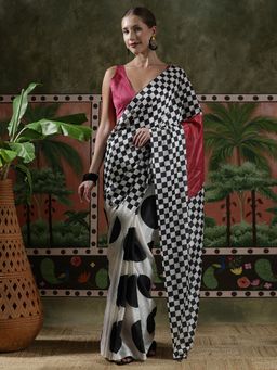 Lush Glam - Women White Beautiful Printed Chinon Ready To Wear Saree with Unstitched Blouse