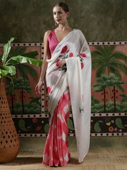 Lush Glam - Women White Beautiful Printed Chinon Ready To Wear Saree with Unstitched Blouse