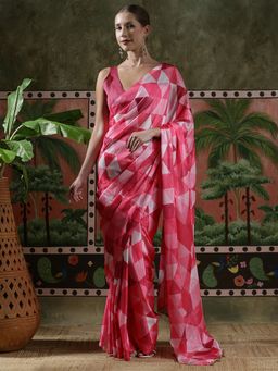 Lush Glam - Women Pink Beautiful Printed Chinon Ready To Wear Saree with Unstitched Blouse